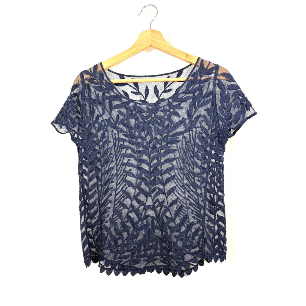 Women's Navy Floral Sheer Short Sleeve Blouse, Size Small